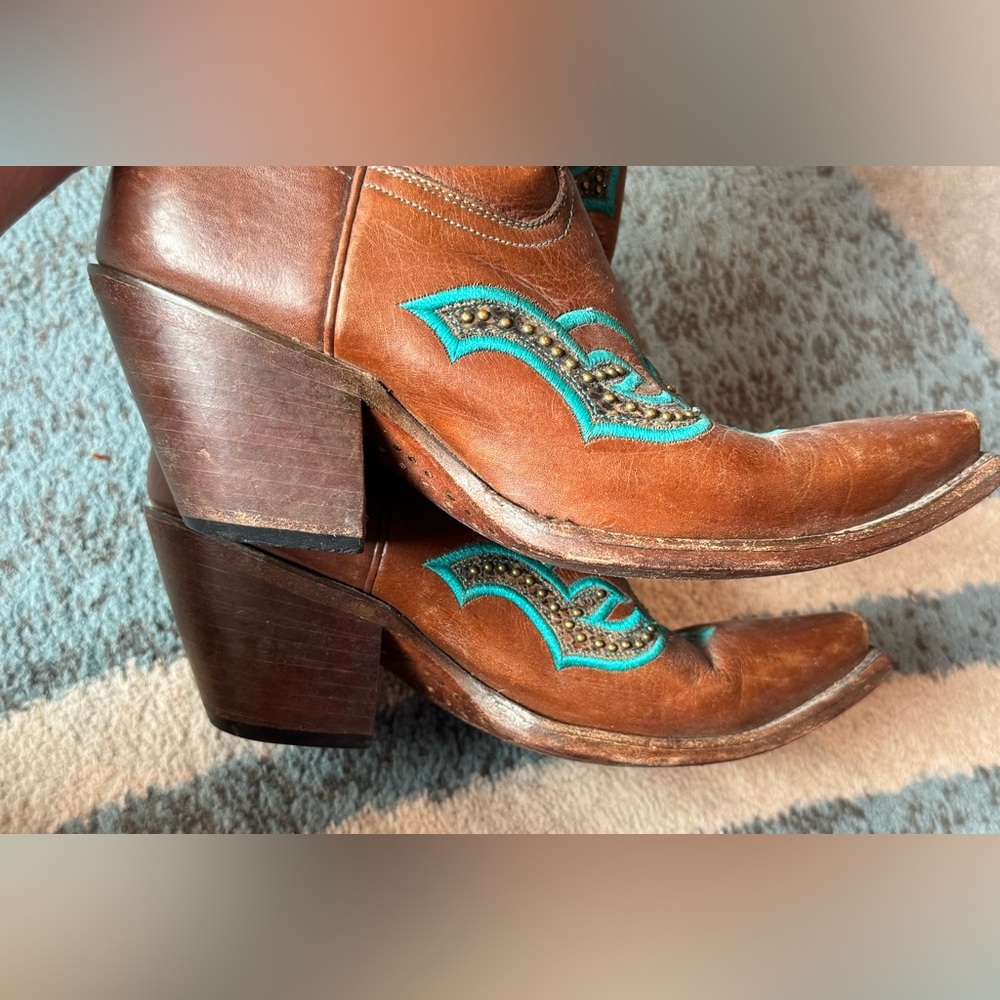 Lucchese Brown and Teal Heeled Western Boots - Picture 9 of 11